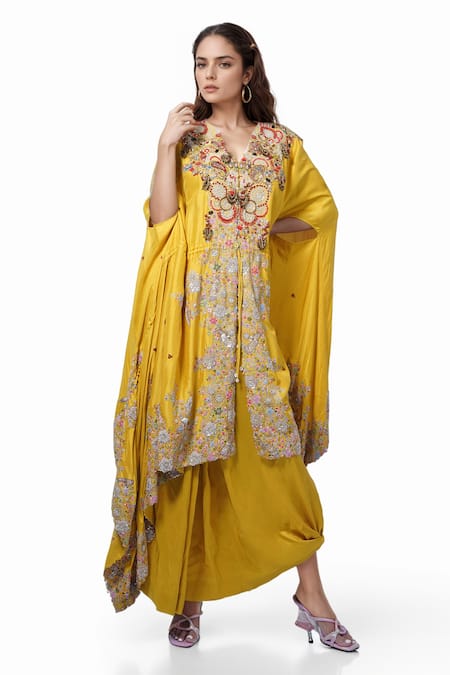 Shop_Anamika Khanna_Yellow Silk Embroidery V-neck Kesar Kaftan And Draped Skirt Set _Online_at_Aza_Fashions