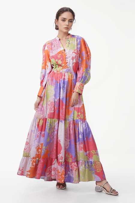 Pankaj & Nidhi Multi Color Printed Floral Band V Collar Tiered Dress 