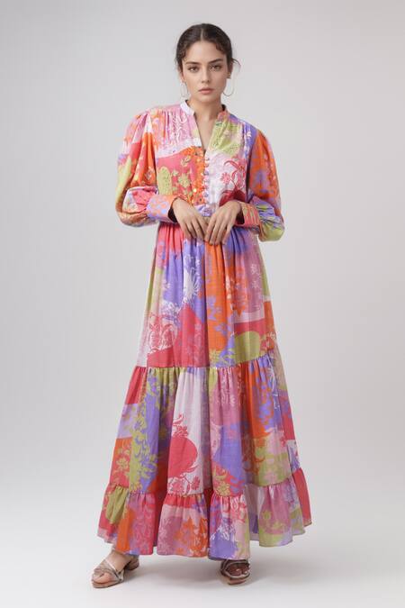 Pankaj & Nidhi Multi Color Printed Floral Band V Collar Tiered Dress  4