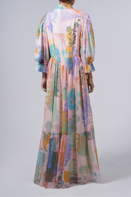 Shop Pankaj & Nidhi Multi Color Embroidery Bandeau Neck Floret Print Tiered Dress at Aza Fashions Shop_Pankaj & Nidhi_Multi Color Embroidery Bandeau Neck Floret Print Tiered Dress _at_Aza_Fashions