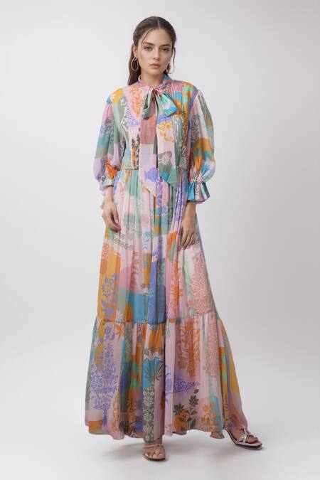 Pankaj & Nidhi Multi Color Embroidery Bandeau Neck Floret Print Tiered Dress Online at Aza Fashions Pankaj & Nidhi_Multi Color Embroidery Bandeau Neck Floret Print Tiered Dress _Online_at_Aza_Fashions