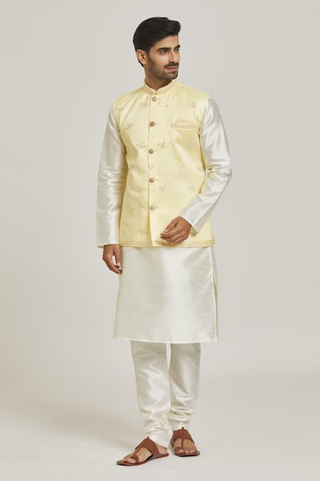 Buy_Arihant Rai Sinha_Yellow Jacquard, Silk Embroidery Floral Bundi And Kurta Set _Online_at_Aza_Fashions