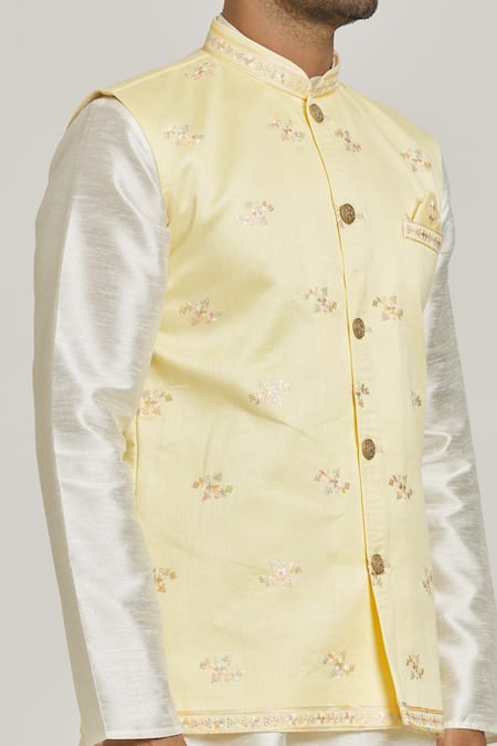 Shop_Arihant Rai Sinha_Yellow Jacquard, Silk Embroidery Floral Bundi And Kurta Set _Online_at_Aza_Fashions
