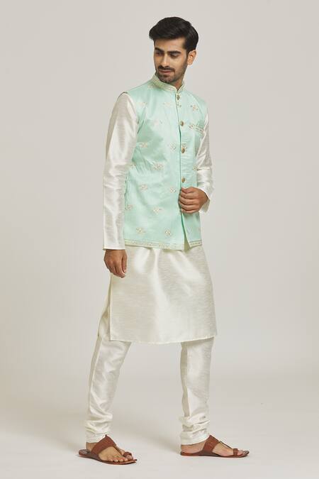 Buy_Arihant Rai Sinha_Green Jacquard, Silk Embroidery Floral Bundi Kurta Set_Online_at_Aza_Fashions