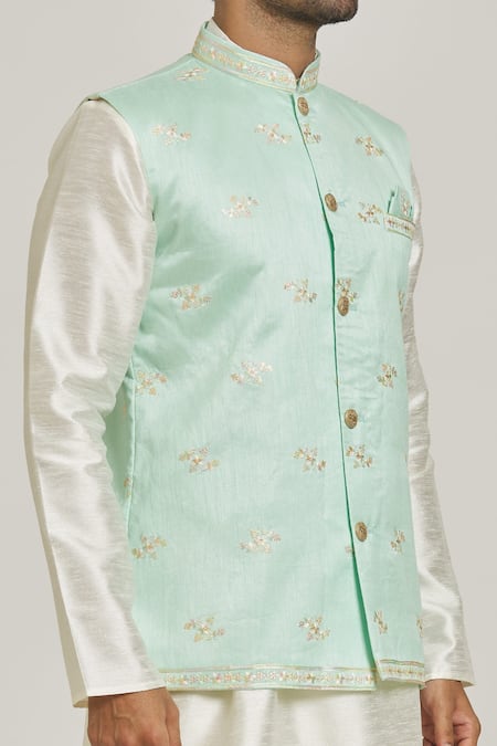 Shop_Arihant Rai Sinha_Green Jacquard, Silk Embroidery Floral Bundi Kurta Set_Online_at_Aza_Fashions
