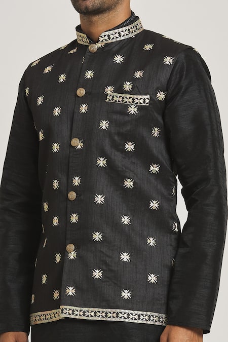 Shop Arihant Rai Sinha Black Jacquard, Silk Embroidery Star Bundi Set Online at Aza Fashions Shop_Arihant Rai Sinha_Black Jacquard, Silk Embroidery Star Bundi Set _Online_at_Aza_Fashions