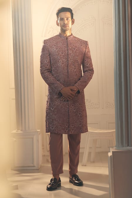 Alaya Advani Purple Polyester Viscose Blend Indonesia Floral Work Sherwani And Pant Set 