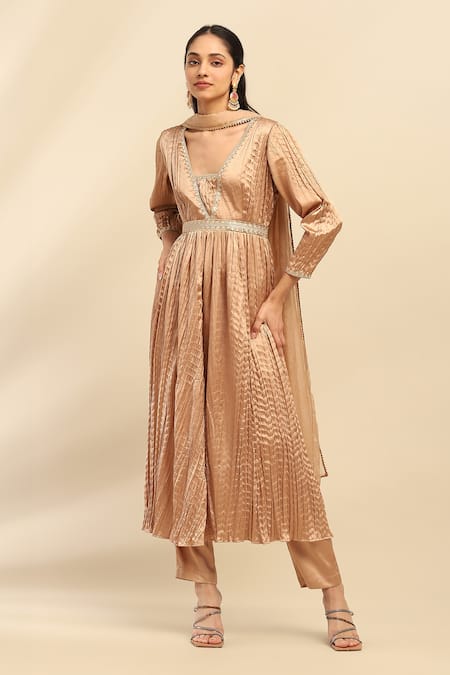 Aarke Ritu Kumar Gold Kurta And Pant 100% Polyester Metallic Delphia Crushed Anarkali Set 