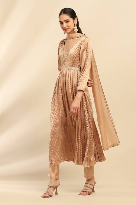 Ritu Kumar, Ri.Ritu Kumar, aarke Ritu Kumar_Gold Polyester, Viscose Lace Metallic Delphia Crushed Anarkali Pant Set_Online_at_Aza_Fashions