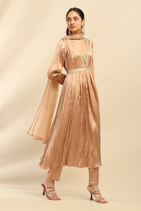 Buy_Ritu Kumar, Ri.Ritu Kumar, aarke Ritu Kumar_Gold Polyester, Viscose Lace Metallic Delphia Crushed Anarkali Pant Set_Online_at_Aza_Fashions
