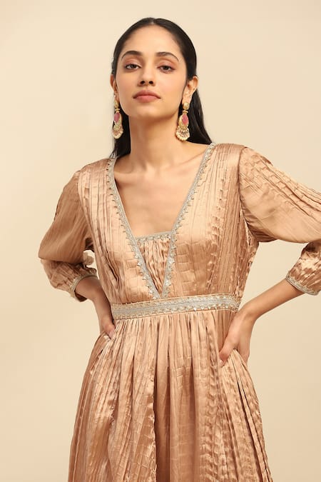 Shop_Ritu Kumar, Ri.Ritu Kumar, aarke Ritu Kumar_Gold Polyester, Viscose Lace Metallic Delphia Crushed Anarkali Pant Set_Online_at_Aza_Fashions