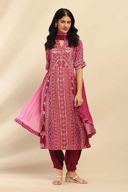 Aarke Ritu Kumar Purple Kurta And Pant 100% Viscose Printed Geometric Band V Neck Mosaica Set 