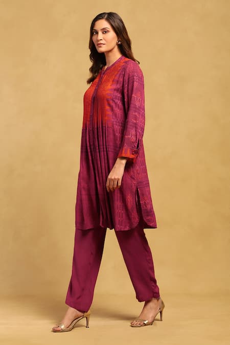 Ritu Kumar_Red Viscose Collared Aninda Printed Tunic With Pant_Online_at_Aza_Fashions
