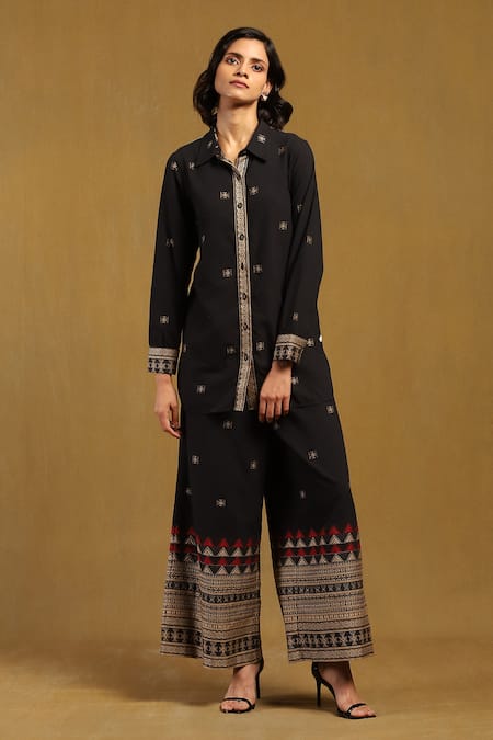 Ritu Kumar Black 100% Cotton Yarn Dyed Woven Geometric Patterns Shirt Aurelia With Pant 