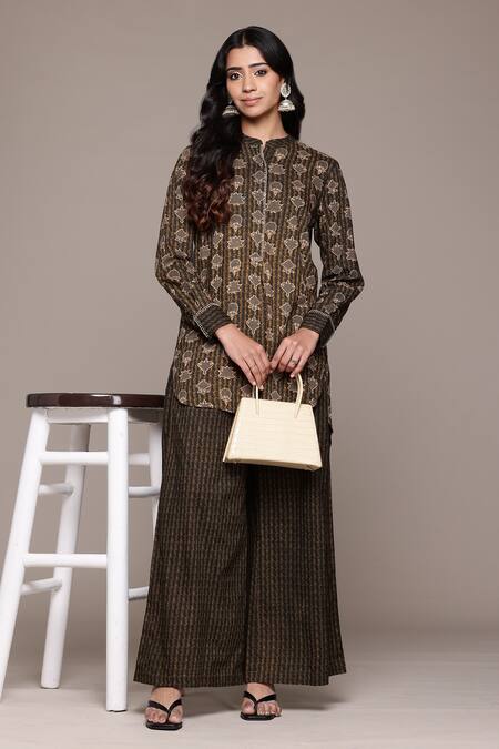 Buy Ritu Kumar Green Viscose Collared Dhriti Printed Top And Palazzo Set Online at Aza Fashions Buy_Ritu Kumar_Green Viscose Collared Dhriti Printed Top And Palazzo Set_Online_at_Aza_Fashions