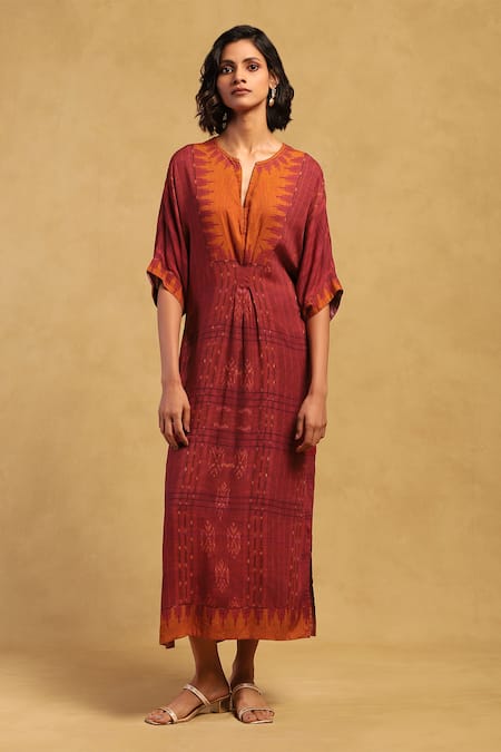 Ritu Kumar Red 100% Viscose Digital Print Notched V Aninda Kaftan Dress 