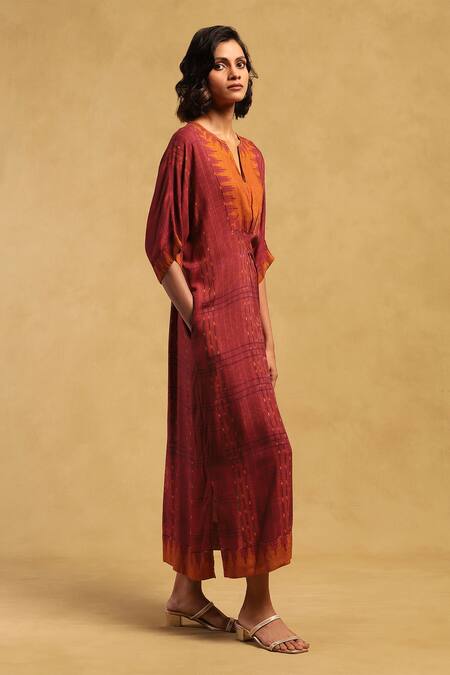 Buy_Ritu Kumar_Red Viscose V-neck Aninda Printed Kaftan Dress_Online_at_Aza_Fashions