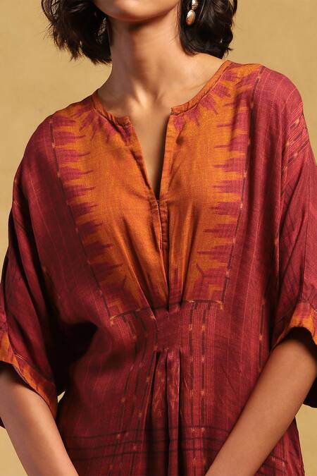 Shop_Ritu Kumar_Red Viscose V-neck Aninda Printed Kaftan Dress_Online_at_Aza_Fashions