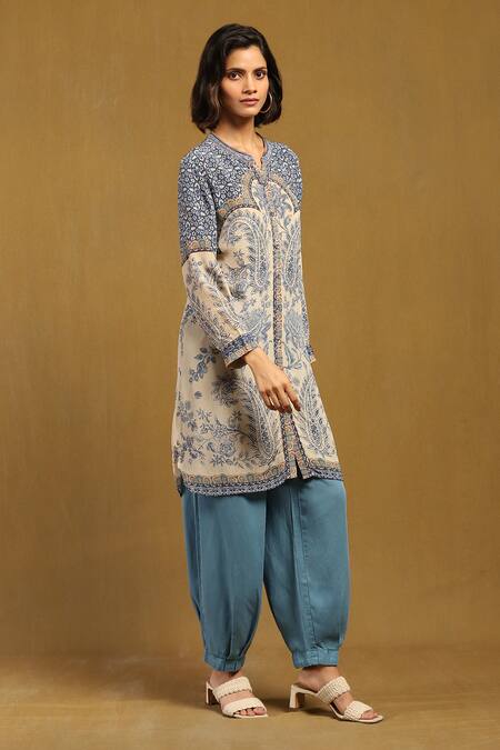 Ritu Kumar Beige 100% Viscose Printed Floral Band V Sulawasi Paisley Kurti Online at Aza Fashions Ritu Kumar_Beige 100% Viscose Printed Floral Band V Sulawasi Paisley Kurti_Online_at_Aza_Fashions