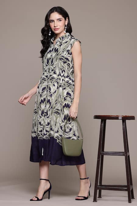 Ritu Kumar_Blue Cotton, Viscose Shawl Neck Arya Aztec Print Dress_Online_at_Aza_Fashions