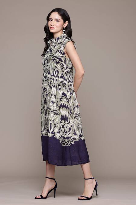 Buy_Ritu Kumar_Blue Cotton, Viscose Shawl Neck Arya Aztec Print Dress_Online_at_Aza_Fashions