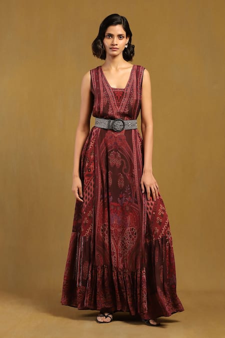 Ritu Kumar Red 100% Viscose Digital Print U Neck Pitchpatch Long Dress 