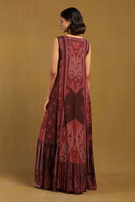 Shop Ritu Kumar Red Viscose Round Neck Pitchpatch Printed Long Dress at Aza Fashions Shop_Ritu Kumar_Red Viscose Round Neck Pitchpatch Printed Long Dress _at_Aza_Fashions