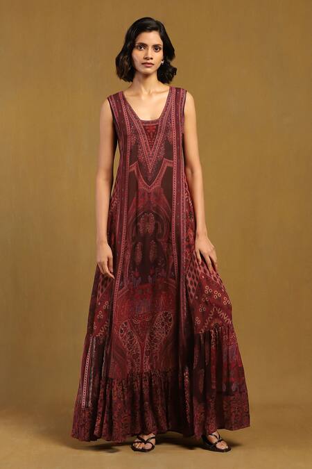 Ritu Kumar Red Viscose Round Neck Pitchpatch Printed Long Dress Online at Aza Fashions Ritu Kumar_Red Viscose Round Neck Pitchpatch Printed Long Dress _Online_at_Aza_Fashions