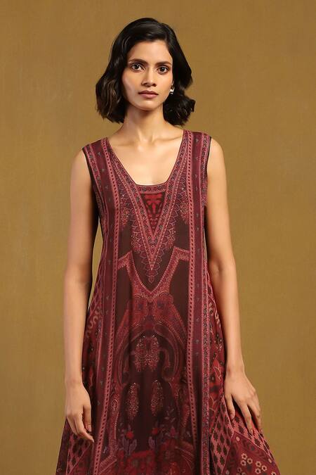 Buy Ritu Kumar Red Viscose Round Neck Pitchpatch Printed Long Dress Online at Aza Fashions Buy_Ritu Kumar_Red Viscose Round Neck Pitchpatch Printed Long Dress _Online_at_Aza_Fashions