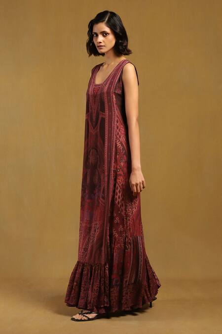 Shop Ritu Kumar Red Viscose Round Neck Pitchpatch Printed Long Dress Online at Aza Fashions Shop_Ritu Kumar_Red Viscose Round Neck Pitchpatch Printed Long Dress _Online_at_Aza_Fashions