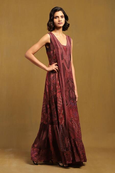 Ritu Kumar Red Viscose Round Neck Pitchpatch Printed Long Dress at Aza Fashions Ritu Kumar_Red Viscose Round Neck Pitchpatch Printed Long Dress _at_Aza_Fashions