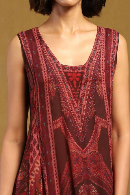 Buy Ritu Kumar Red Viscose Round Neck Pitchpatch Printed Long Dress Buy_Ritu Kumar_Red Viscose Round Neck Pitchpatch Printed Long Dress