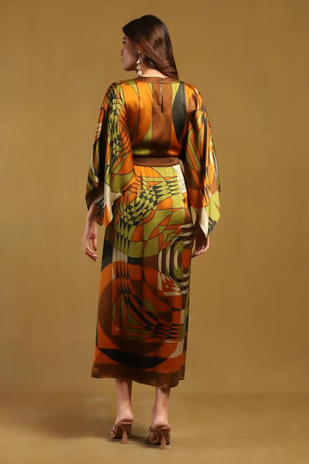 Shop Ritu Kumar Brown Viscose Round Neck Minati Printed Kaftan Dress at Aza Fashions Shop_Ritu Kumar_Brown Viscose Round Neck Minati Printed Kaftan Dress _at_Aza_Fashions