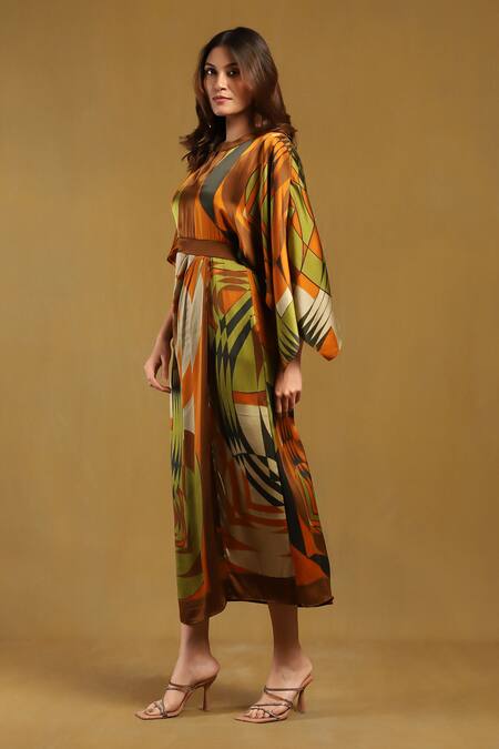 Ritu Kumar Brown Viscose Round Neck Minati Printed Kaftan Dress Online at Aza Fashions Ritu Kumar_Brown Viscose Round Neck Minati Printed Kaftan Dress _Online_at_Aza_Fashions