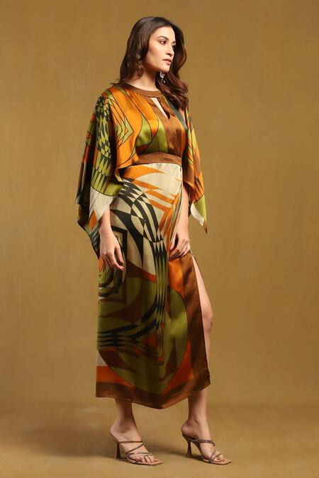 Buy Ritu Kumar Brown Viscose Round Neck Minati Printed Kaftan Dress Online at Aza Fashions Buy_Ritu Kumar_Brown Viscose Round Neck Minati Printed Kaftan Dress _Online_at_Aza_Fashions