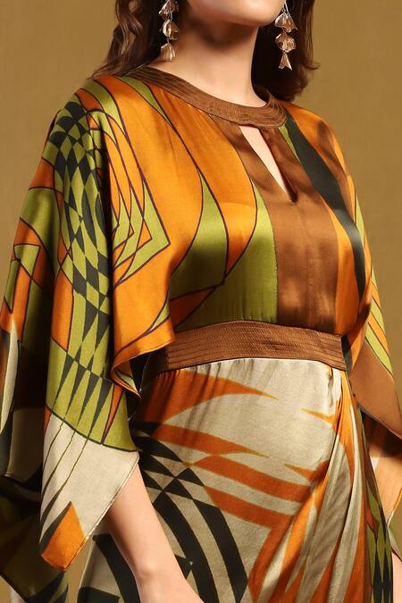 Shop Ritu Kumar Brown Viscose Round Neck Minati Printed Kaftan Dress Online at Aza Fashions Shop_Ritu Kumar_Brown Viscose Round Neck Minati Printed Kaftan Dress _Online_at_Aza_Fashions