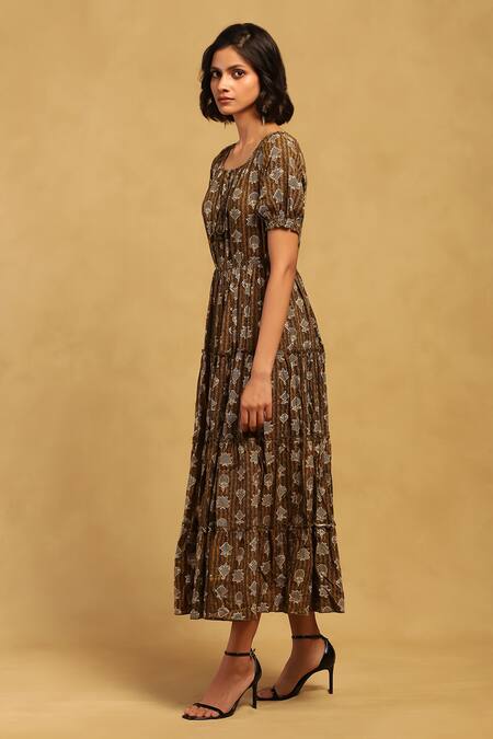 Ritu Kumar_Green Viscose Round Neck Dhriti Printed Tiered Dress_Online_at_Aza_Fashions