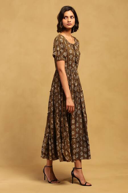 Buy_Ritu Kumar_Green Viscose Round Neck Dhriti Printed Tiered Dress_Online_at_Aza_Fashions