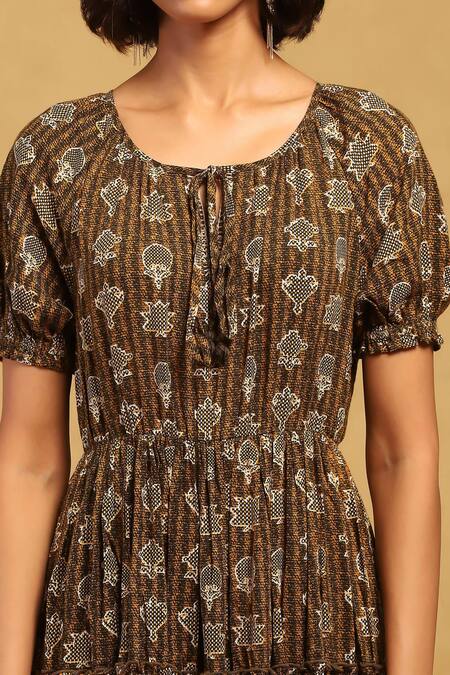 Shop_Ritu Kumar_Green Viscose Round Neck Dhriti Printed Tiered Dress_Online_at_Aza_Fashions