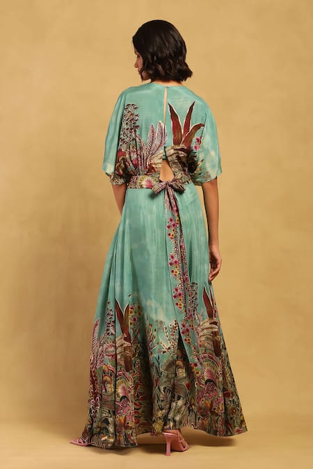 Shop Ritu Kumar Green Viscose, Lycra V-neck Paradise Print Long Dress at Aza Fashions Shop_Ritu Kumar_Green Viscose, Lycra V-neck Paradise Print Long Dress _at_Aza_Fashions