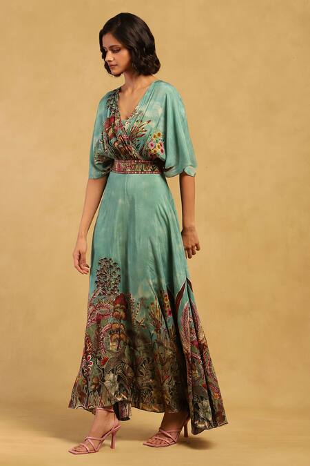 Ritu Kumar Green Viscose, Lycra V-neck Paradise Print Long Dress Online at Aza Fashions Ritu Kumar_Green Viscose, Lycra V-neck Paradise Print Long Dress _Online_at_Aza_Fashions