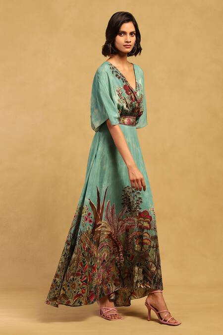 Buy Ritu Kumar Green Viscose, Lycra V-neck Paradise Print Long Dress Online at Aza Fashions Buy_Ritu Kumar_Green Viscose, Lycra V-neck Paradise Print Long Dress _Online_at_Aza_Fashions