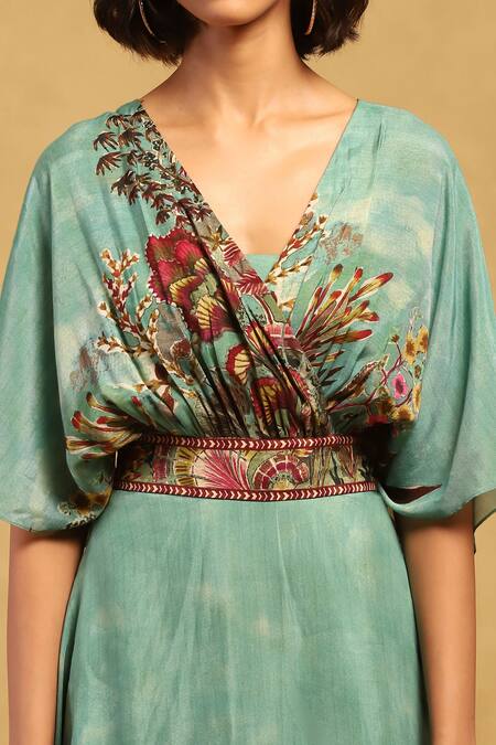 Shop Ritu Kumar Green Viscose, Lycra V-neck Paradise Print Long Dress Online at Aza Fashions Shop_Ritu Kumar_Green Viscose, Lycra V-neck Paradise Print Long Dress _Online_at_Aza_Fashions