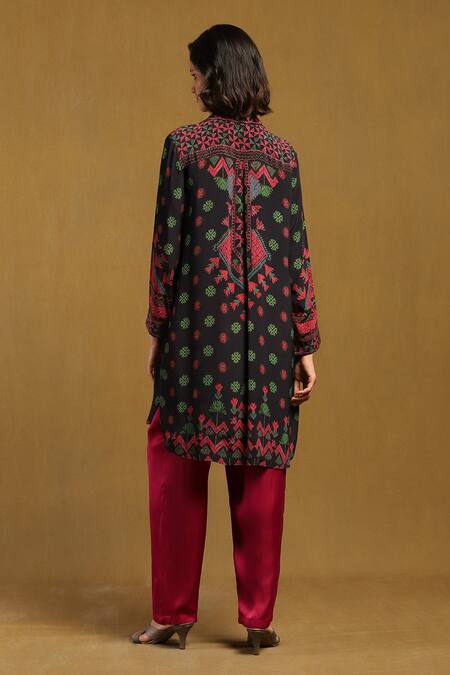 Shop Ritu Kumar Black Viscose Shawl Neck Zinat Printed Short Tunic at Aza Fashions Shop_Ritu Kumar_Black Viscose Shawl Neck Zinat Printed Short Tunic_at_Aza_Fashions