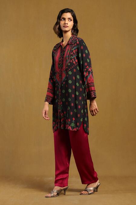 Ritu Kumar Black Viscose Shawl Neck Zinat Printed Short Tunic Online at Aza Fashions Ritu Kumar_Black Viscose Shawl Neck Zinat Printed Short Tunic_Online_at_Aza_Fashions
