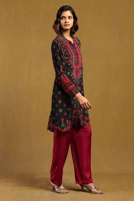Buy Ritu Kumar Black Viscose Shawl Neck Zinat Printed Short Tunic Online at Aza Fashions Buy_Ritu Kumar_Black Viscose Shawl Neck Zinat Printed Short Tunic_Online_at_Aza_Fashions