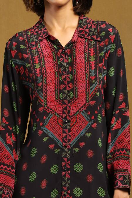 Shop Ritu Kumar Black Viscose Shawl Neck Zinat Printed Short Tunic Online at Aza Fashions Shop_Ritu Kumar_Black Viscose Shawl Neck Zinat Printed Short Tunic_Online_at_Aza_Fashions