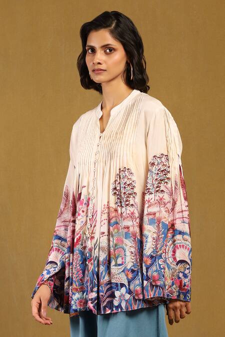Buy_Ritu Kumar_Off White Viscose Bandeau Neck Paradise Print Pintucked Shirt_Online_at_Aza_Fashions