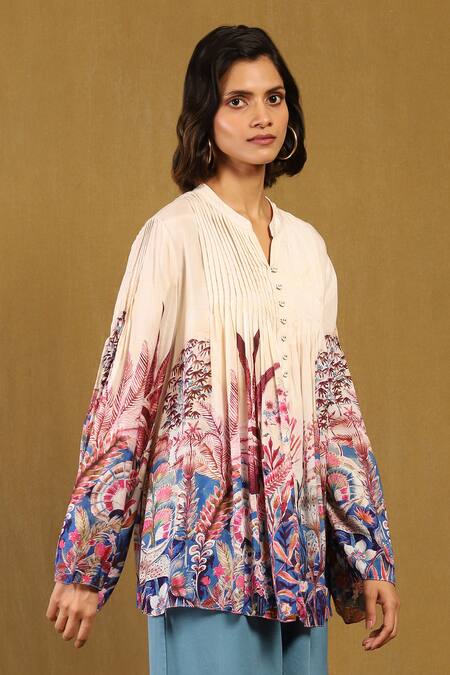 Shop_Ritu Kumar_Off White Viscose Bandeau Neck Paradise Print Pintucked Shirt_Online_at_Aza_Fashions