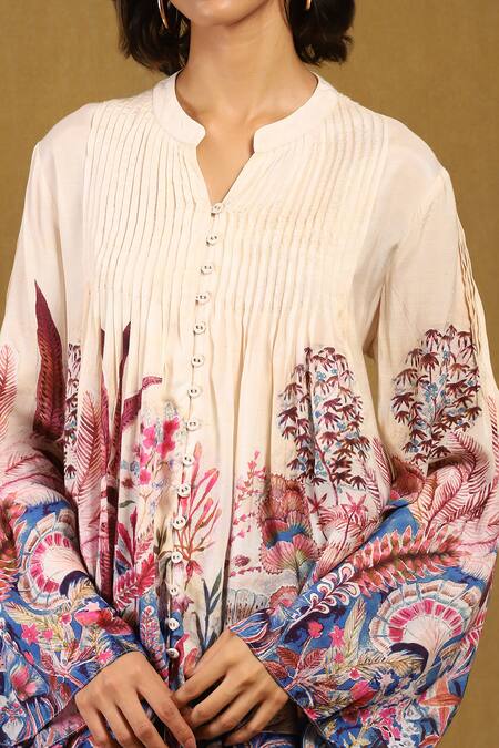 Ritu Kumar_Off White Viscose Bandeau Neck Paradise Print Pintucked Shirt_at_Aza_Fashions